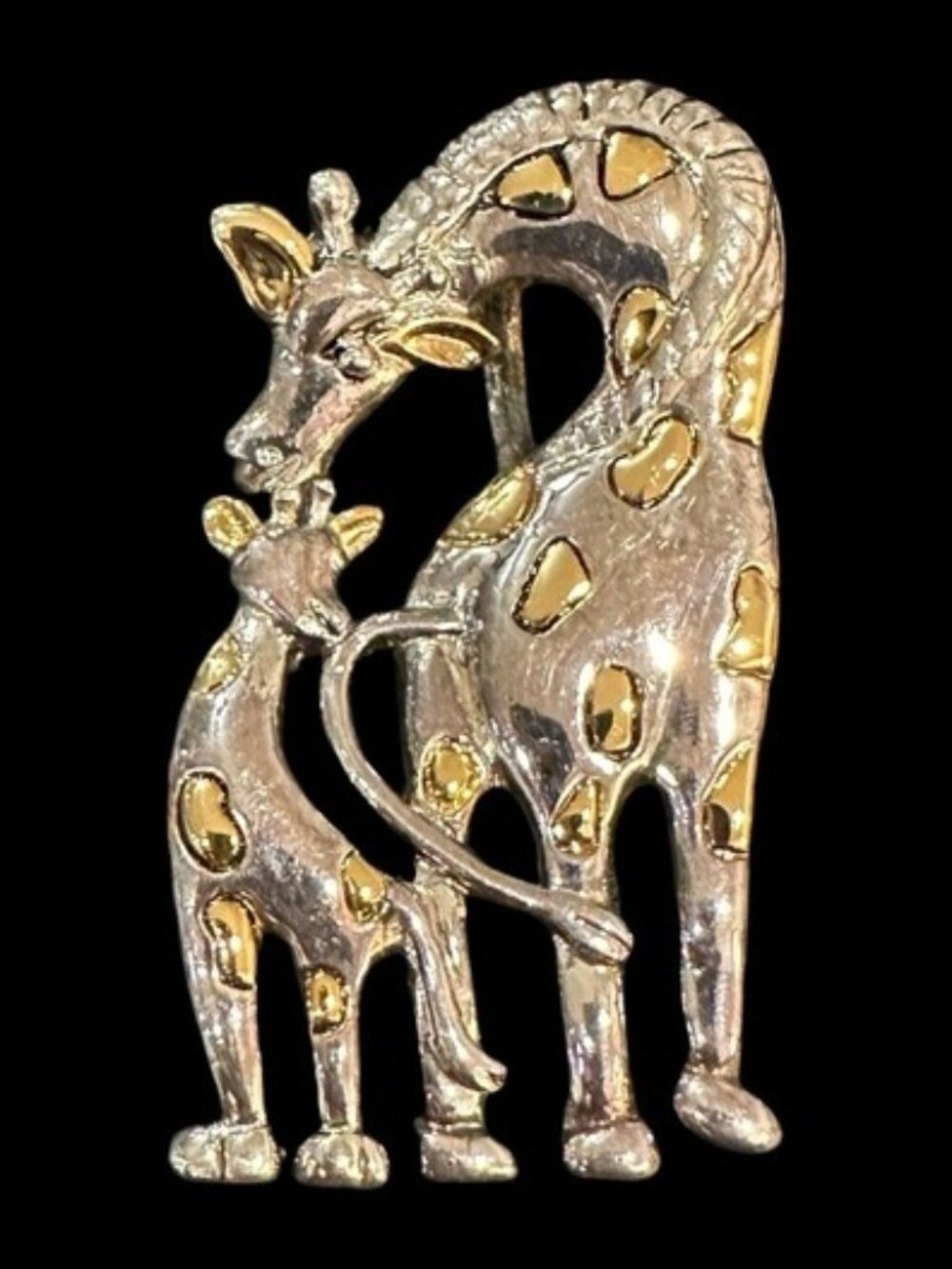 Vintage Brooch Pendant Giraffe Mom Baby Silver and Gold Tone Womens Jewelry